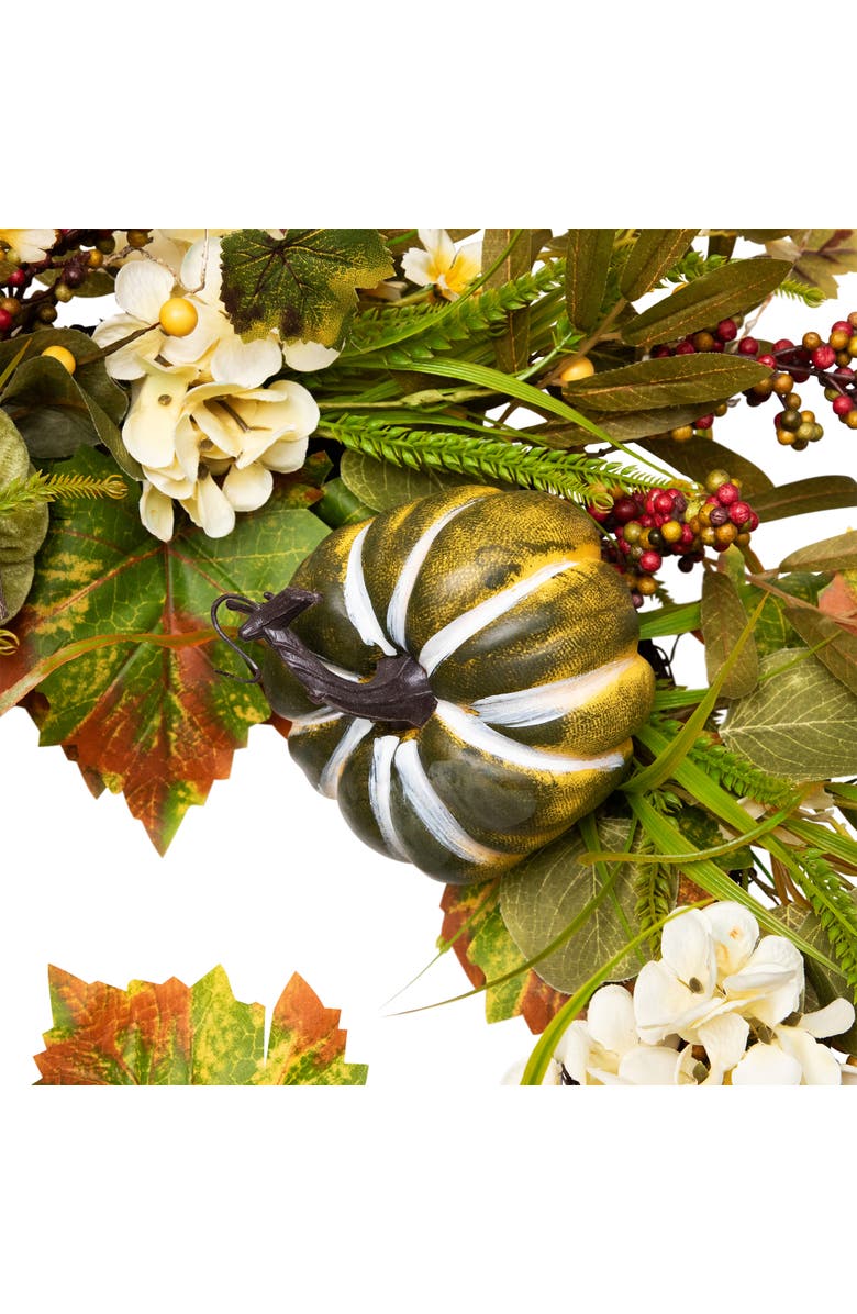 Northlight Velvet Pumpkins, Hydrangeas and Maple Leaves Artificial Fall Harvest Wreath - 24", Alternate, color, Green