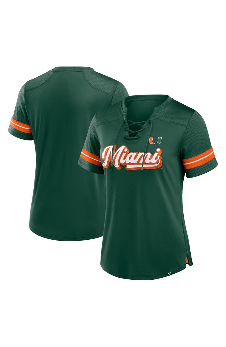 FANATICS Women's Fanatics Green Miami Hurricanes Fundamental Overtime Readiness Athena Lace-Up V-Neck T-Shirt, Main, color, 