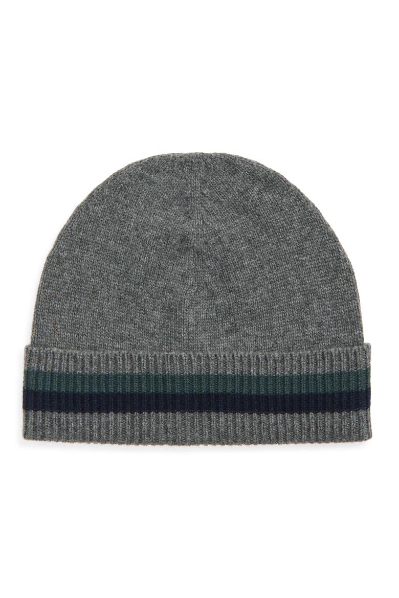 Stripe Cuff Cashmere Beanie, Main, color, GREY