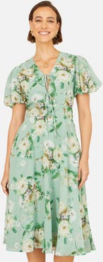 Yumi Floral Front Tie Detail Tea Dress