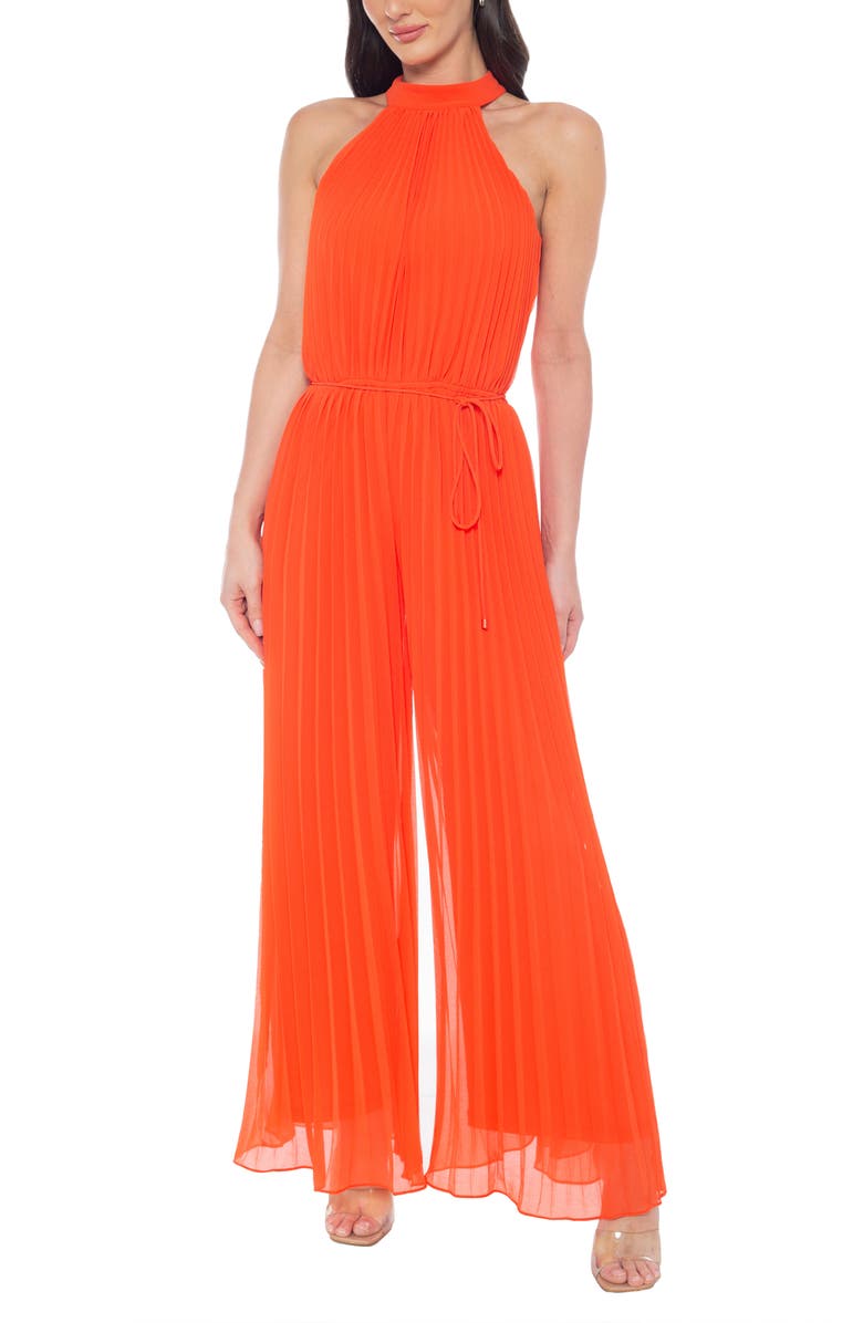Marina Halter Neck Pleated Chiffon Jumpsuit, Main, color, Orange