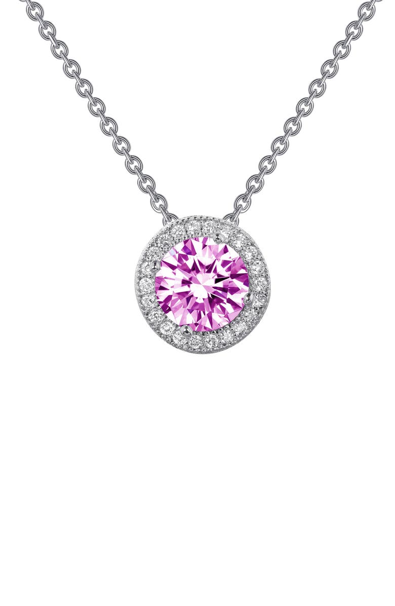 Lafonn Platinum Bonded Sterling Silver Simulated Diamond Halo & Created Pink Sapphire Pendant Necklace, Main, color,