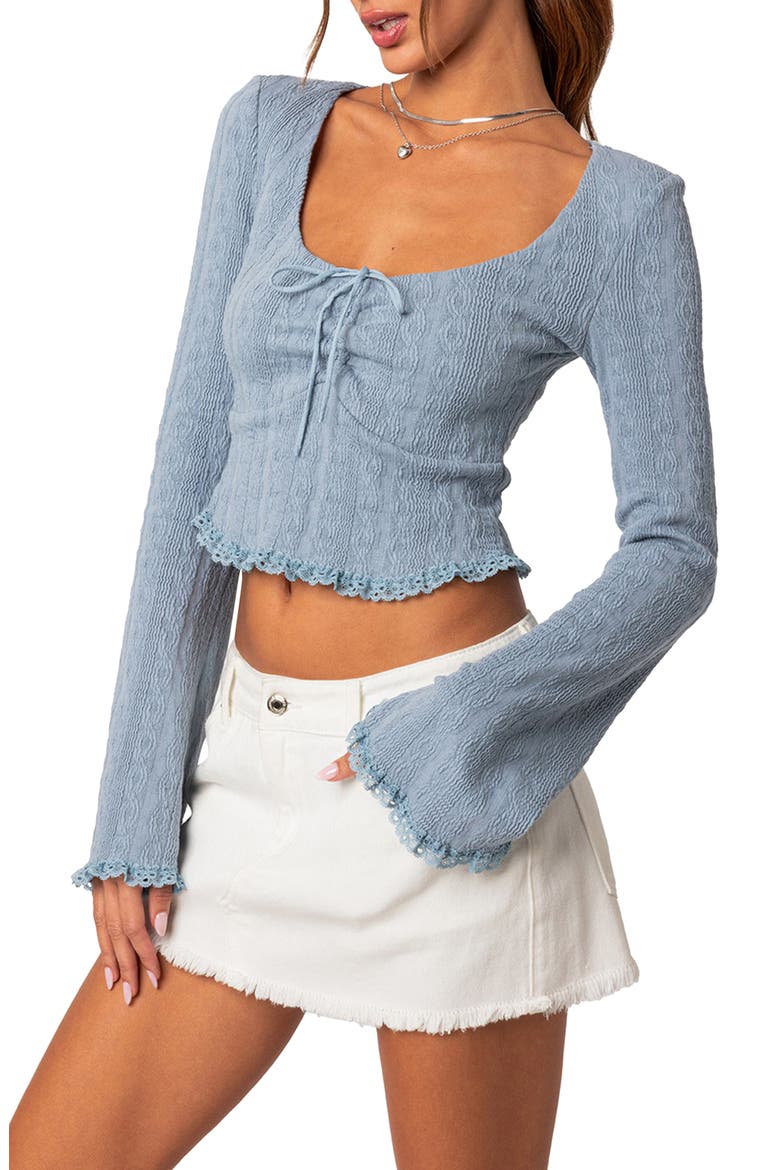 Lacey Ruched Bell Sleeve Stretch Cotton Crop Top, Alternate, color, BLUE