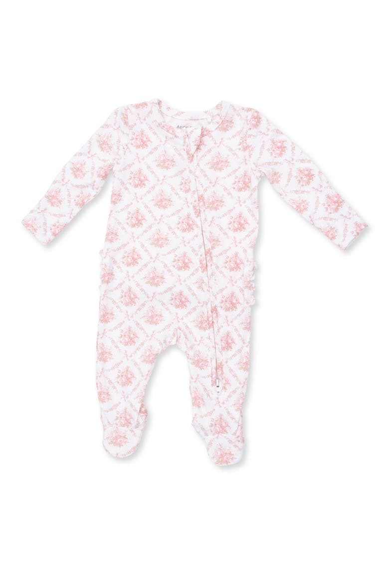 Rose Bow Lattice Print Ruffle Zip Footie, Main, color, IVORY PINK