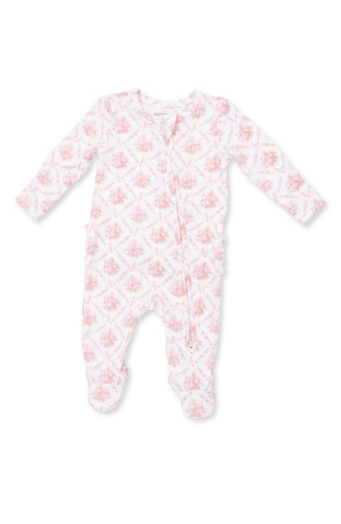 Rose Bow Lattice Print Ruffle Zip Footie