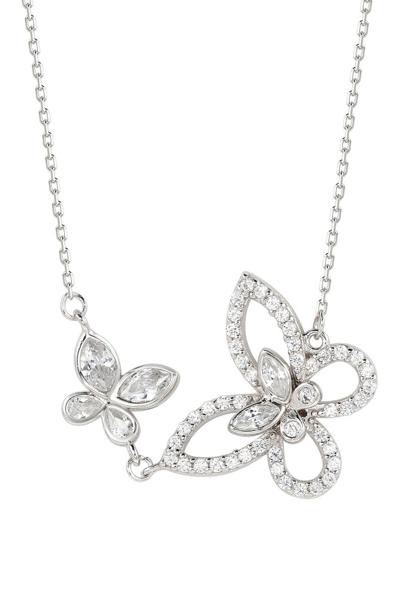 Sterling Silver Cubic Zirconia Double Butterfly Pendant Necklace, Main, color, WHITE