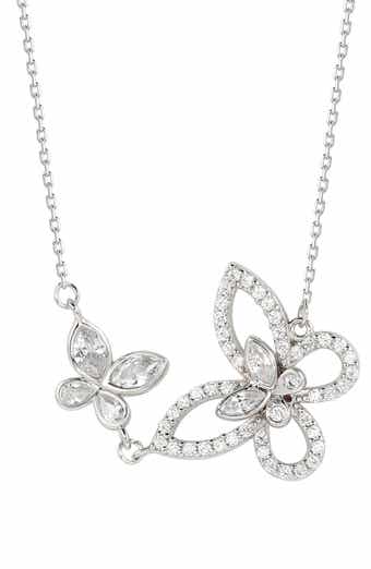Sterling Silver Cubic Zirconia Double Butterfly Pendant Necklace