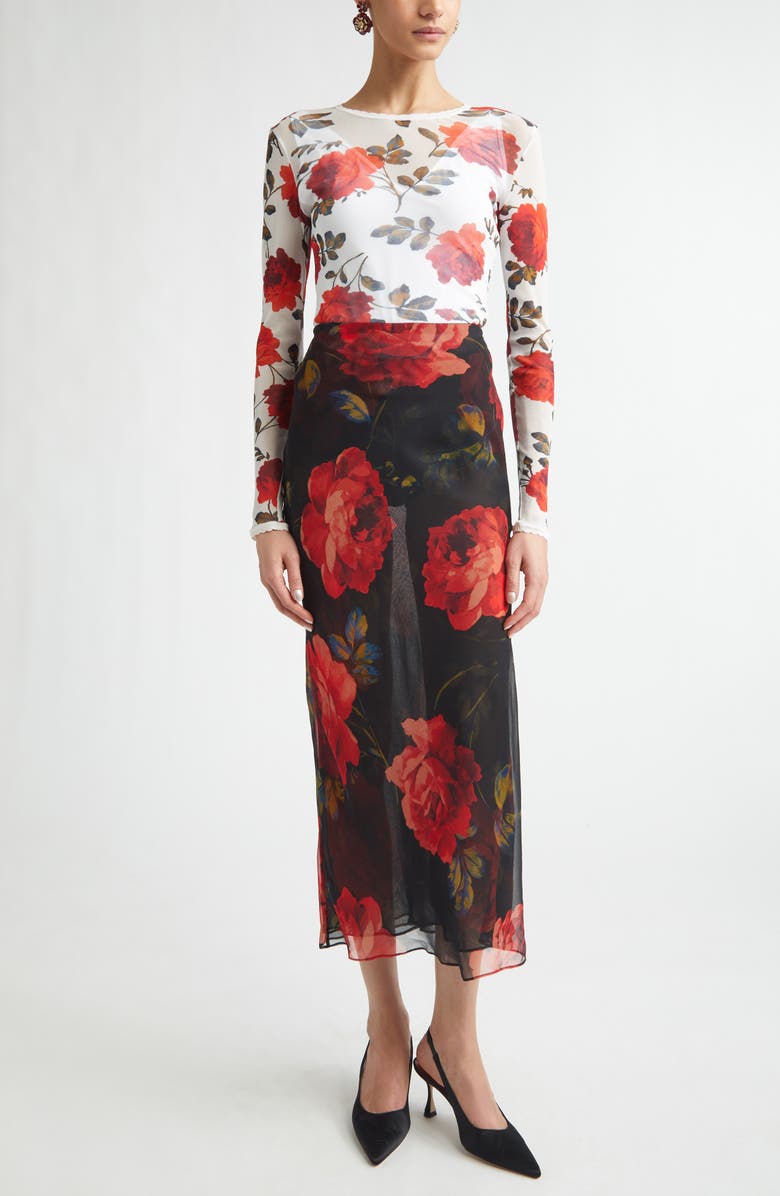 Carolina Herrera Rose Print Sheer Silk Chiffon Midi Skirt, Main, color, Black Multi