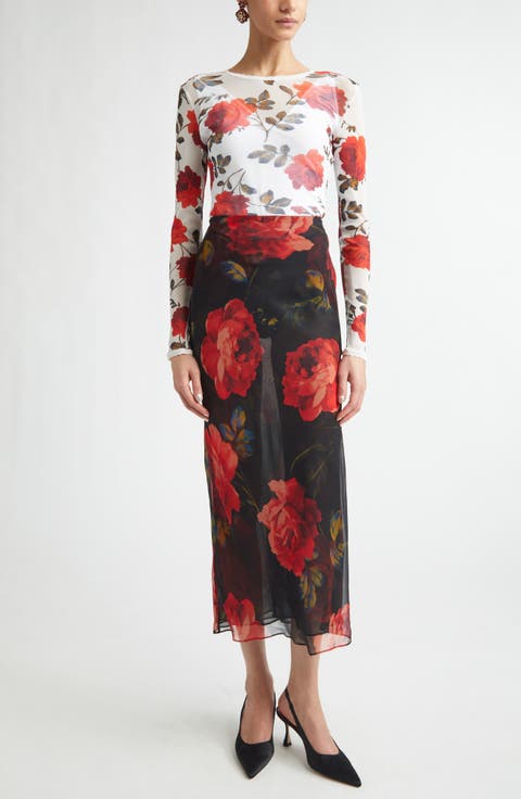 Rose Print Sheer Silk Chiffon Midi Skirt