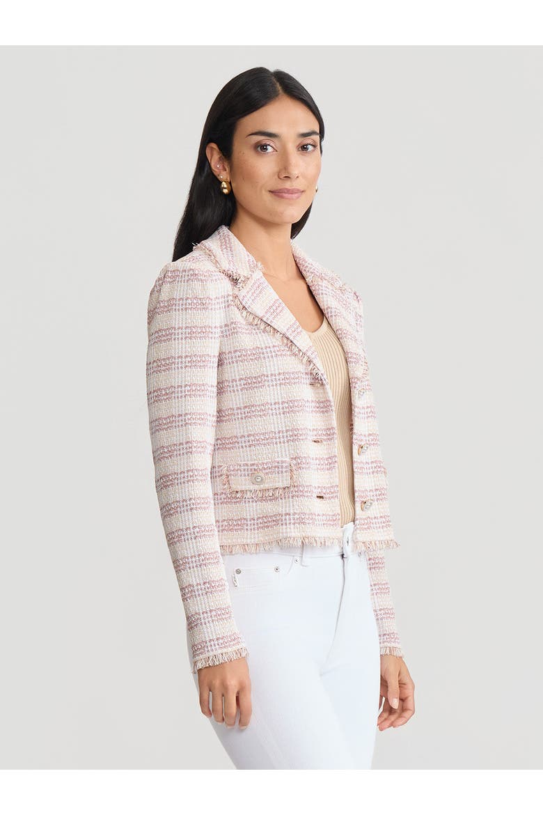 Relaxed Plaid Fringe Trim Knit Jacket, Alternate, color, Biscotti/Charmeuse