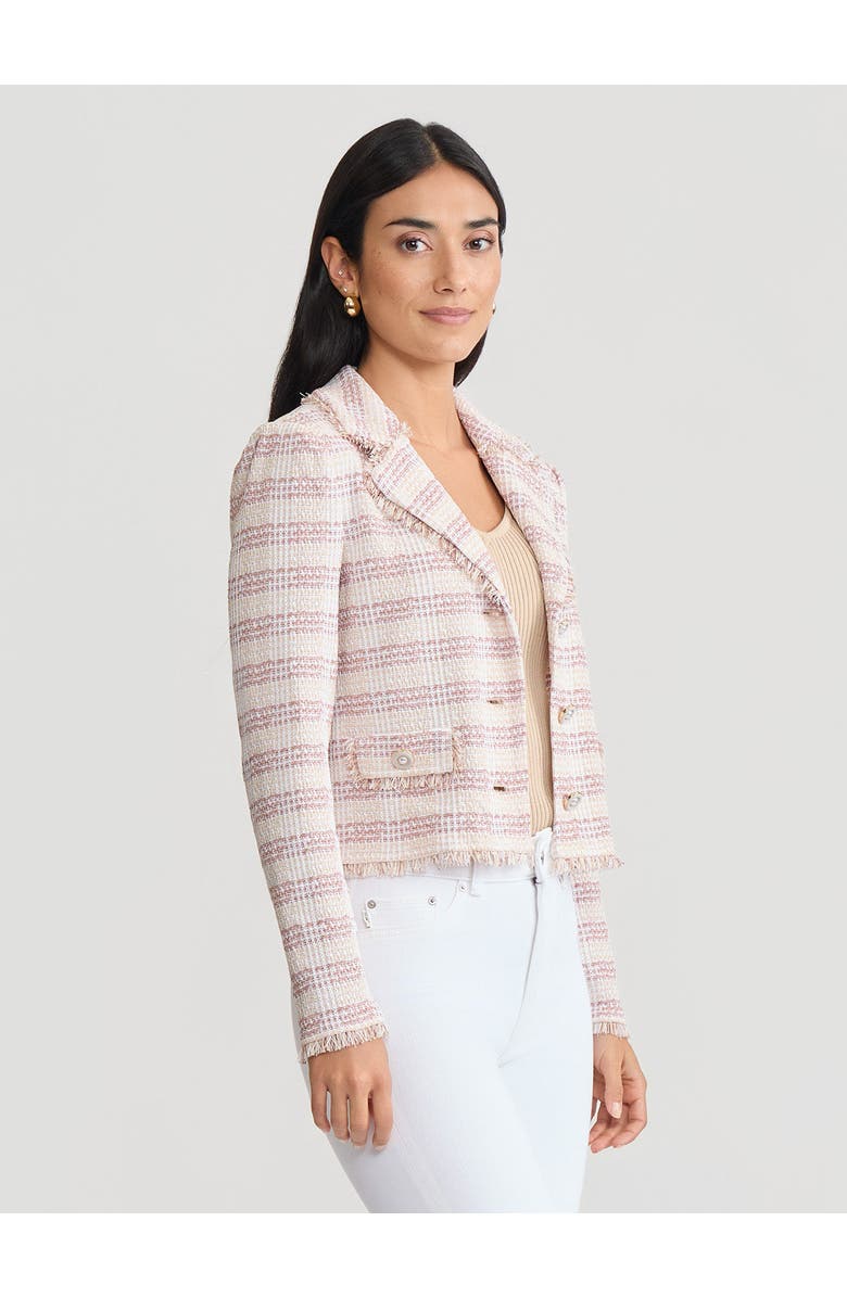 Misook Relaxed Plaid Fringe Trim Knit Jacket, Main, color, Biscotti/Charmeuse