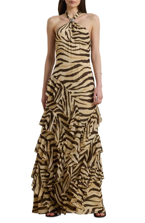 Ralph Lauren Zebra-print Ruffle-trim Georgette Gown In Brown