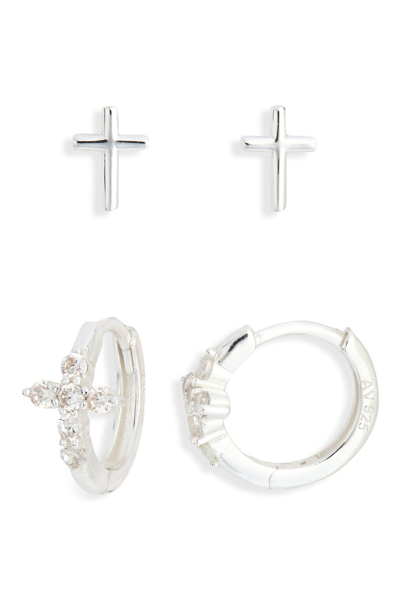 Set of 2 Cubic Zirconia Cross Stud & Hoop Earrings, Main, color, SILVER