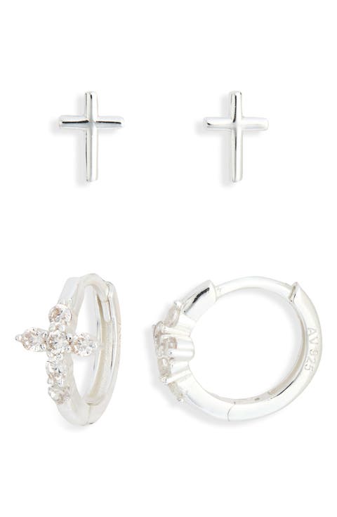 Set of 2 Cubic Zirconia Cross Stud & Hoop Earrings