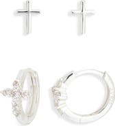 Argento Vivo Sterling Silver Set of 2 Cubic Zirconia Cross Stud & Hoop Earrings