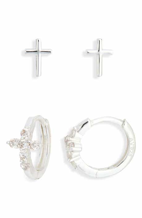 Argento Vivo Sterling Silver Set of 2 Cubic Zirconia Cross Stud & Hoop Earrings