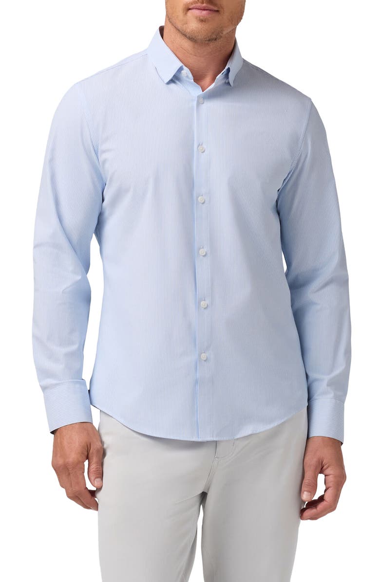 Mizzen+Main Leeward Trim Fit Cloud Blue Pinstripe No Tuck Button-Up Shirt, Main, color, Cloud Blue Fine Line Stripe