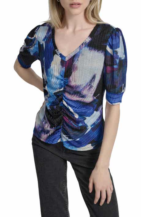DKNY Print Ruched Puff Sleeve Top
