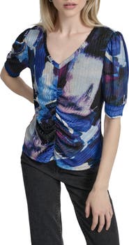 DKNY Print Ruched Puff Sleeve Top