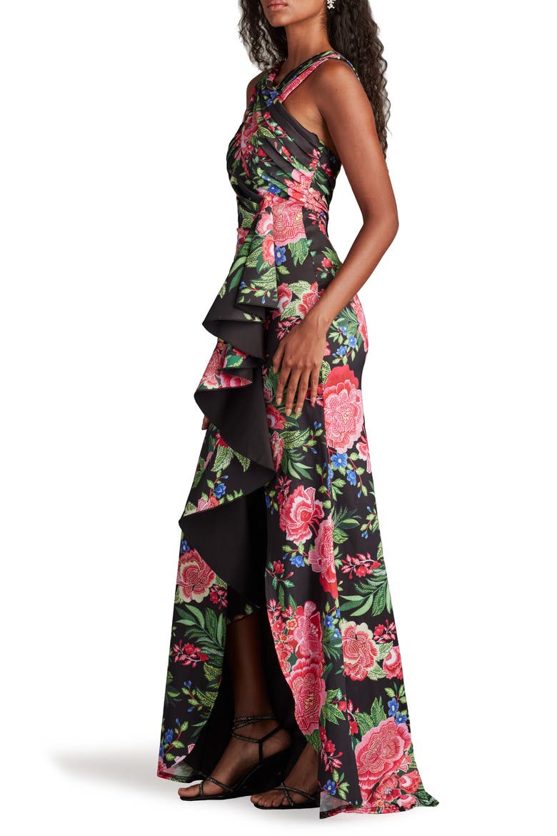 Twist Front Pleated Mermaid Gown, Alternate, color, BLACK/ FUCHSIA FLORAL