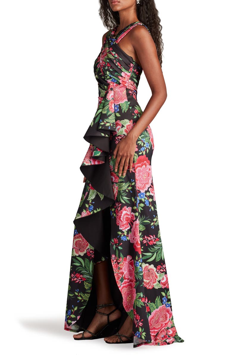 Tadashi Shoji Twist Front Pleated Mermaid Gown, Alternate, color, Black/ Fuchsia Floral