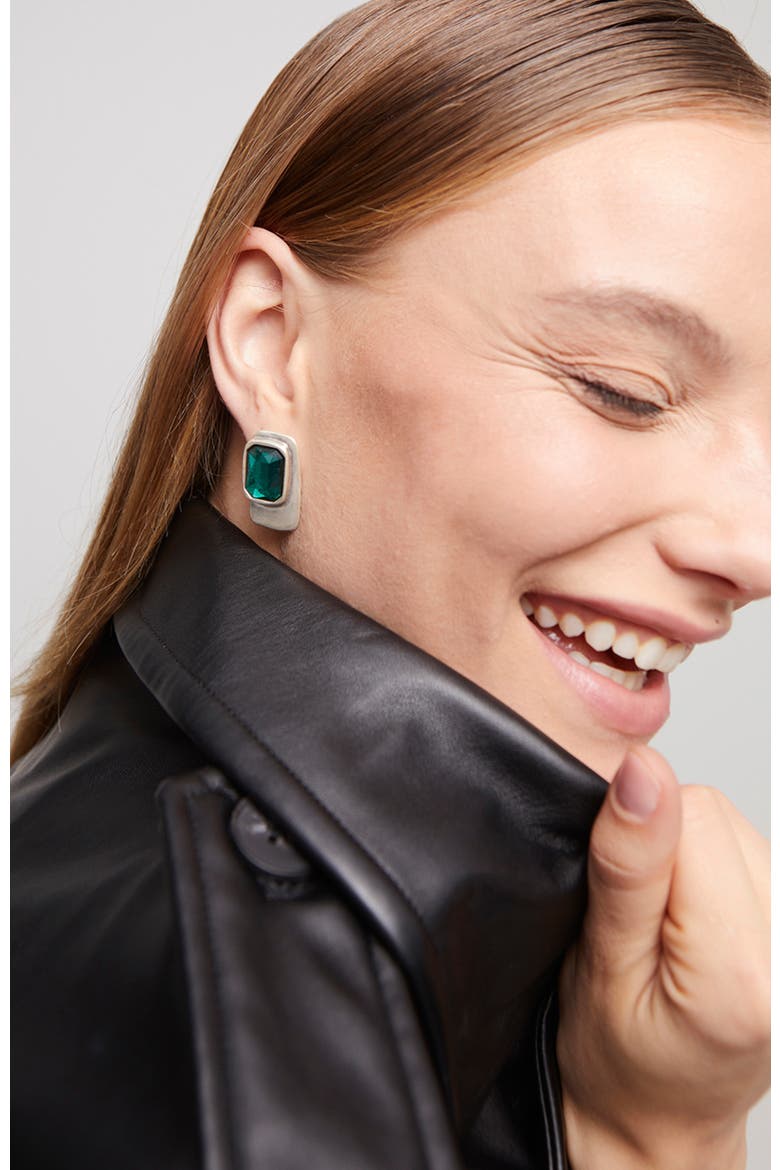Earrings with Green Faceted Crystal, Alternate, color, Silver