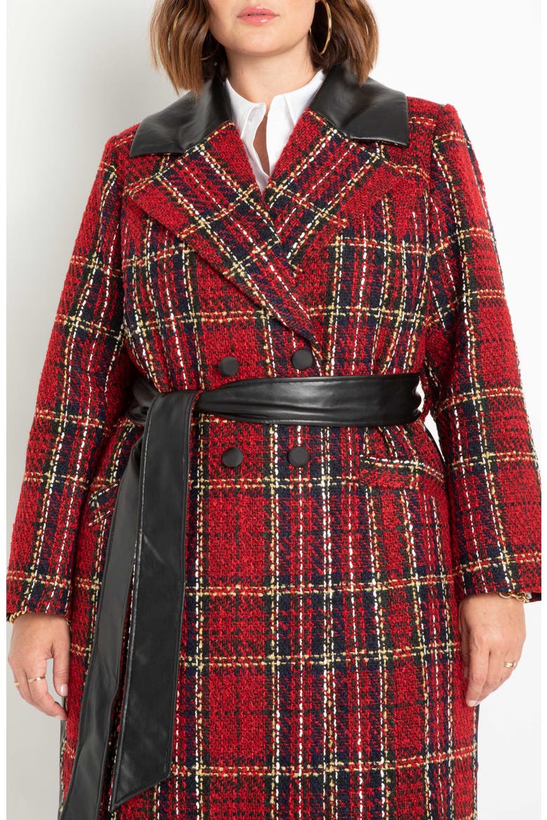 Mixed Media Plaid & Faux Leather Coat, Alternate, color, BLACK/ RED PLAID