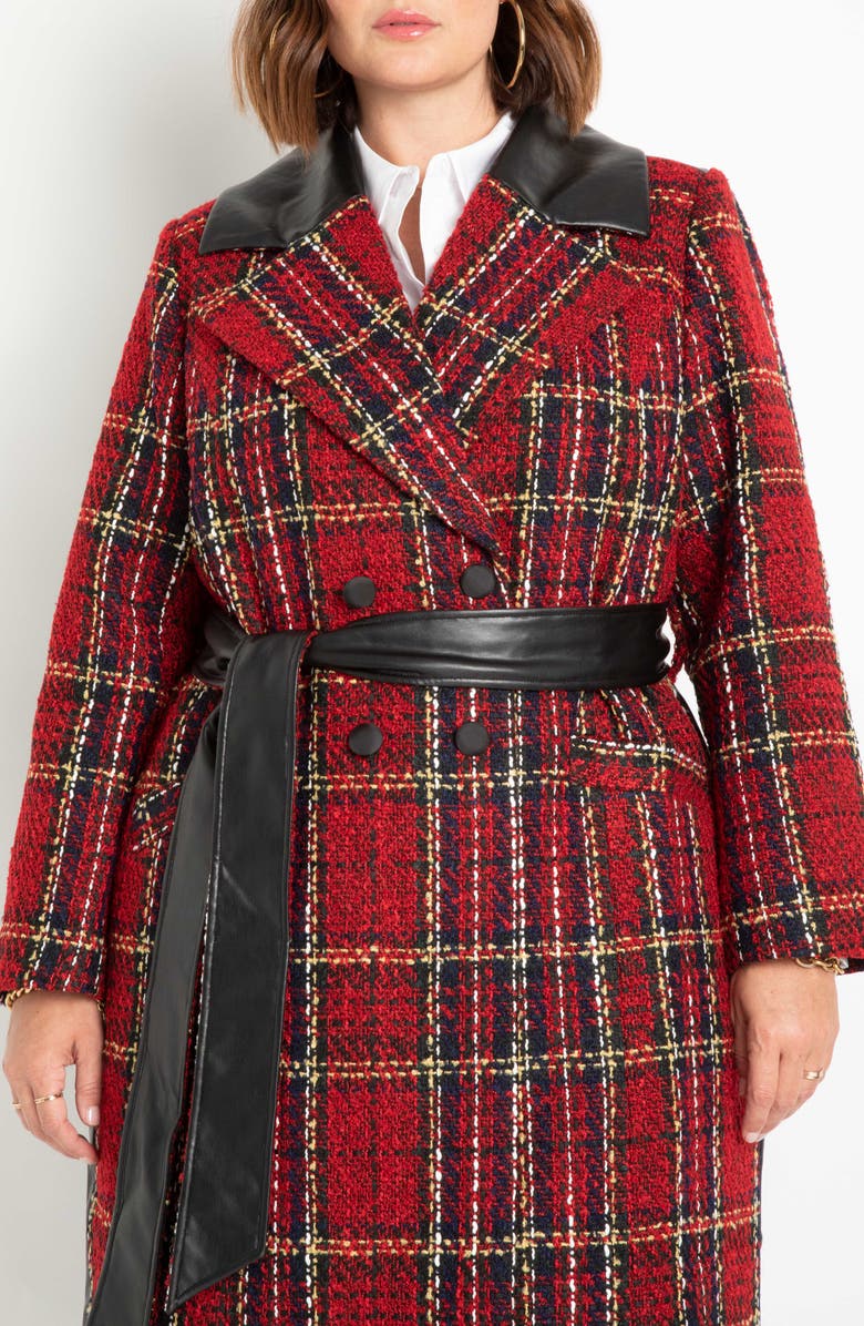 ELOQUII Mixed Media Plaid & Faux Leather Coat, Alternate, color,