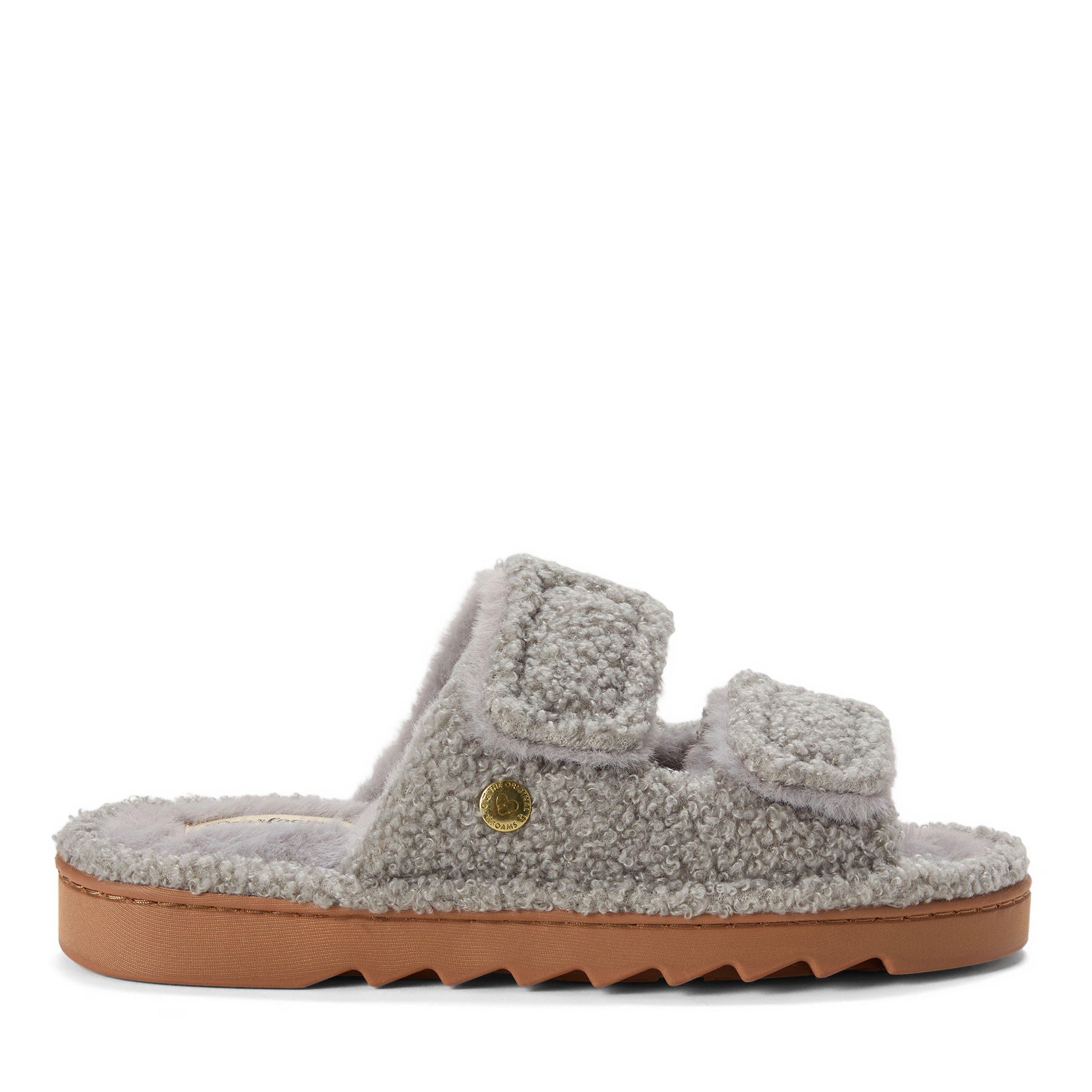 DEARFOAMS Regina Teddy Double Band Slide Slipper, Alternate, color, Sleet