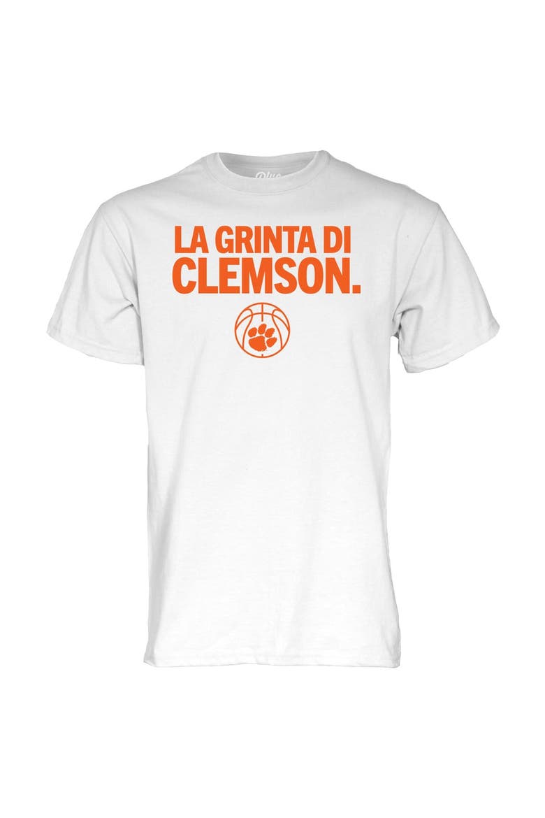 Unisex Blue 84 White Clemson Tigers Basketball in Italy T-Shirt, Main, color, White