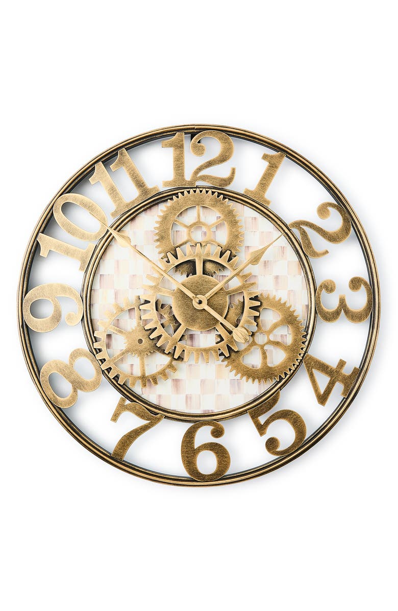 MACKENZIE CHILDS Mocha Check Small Farmhouse Wall Clock, Main, color, Brass