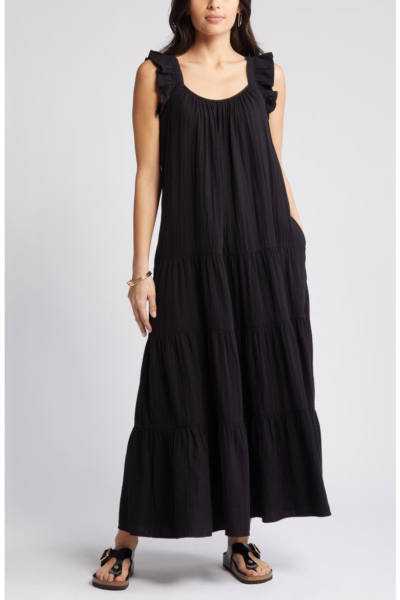 Ruffle Tiered Cotton Maxi Sundress, Alternate, color, BLACK