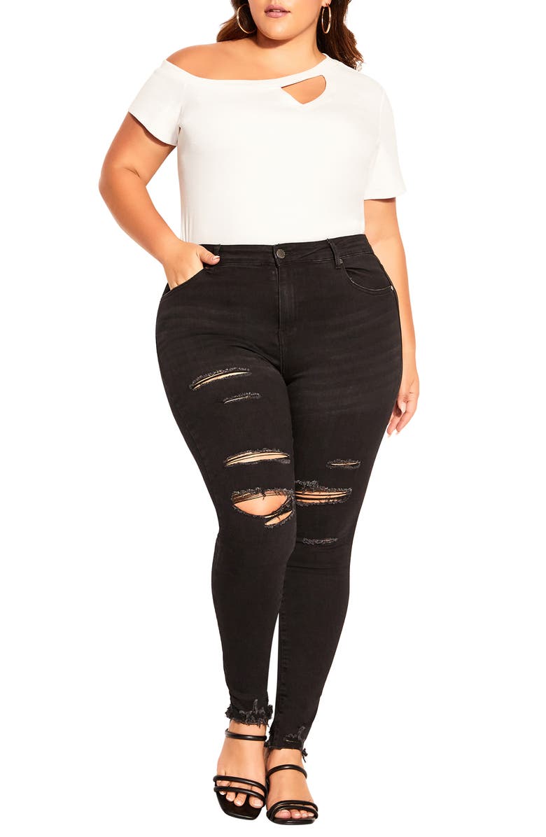 City Chic Asha Wild Rose Ripped High Waist Skinny Jeans, Alternate, color, 