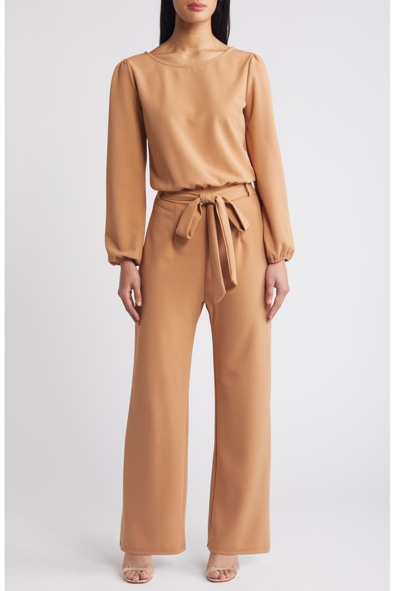 Laurie Long Sleeve Tie Waist Jumpsuit, Main, color, ALMOND