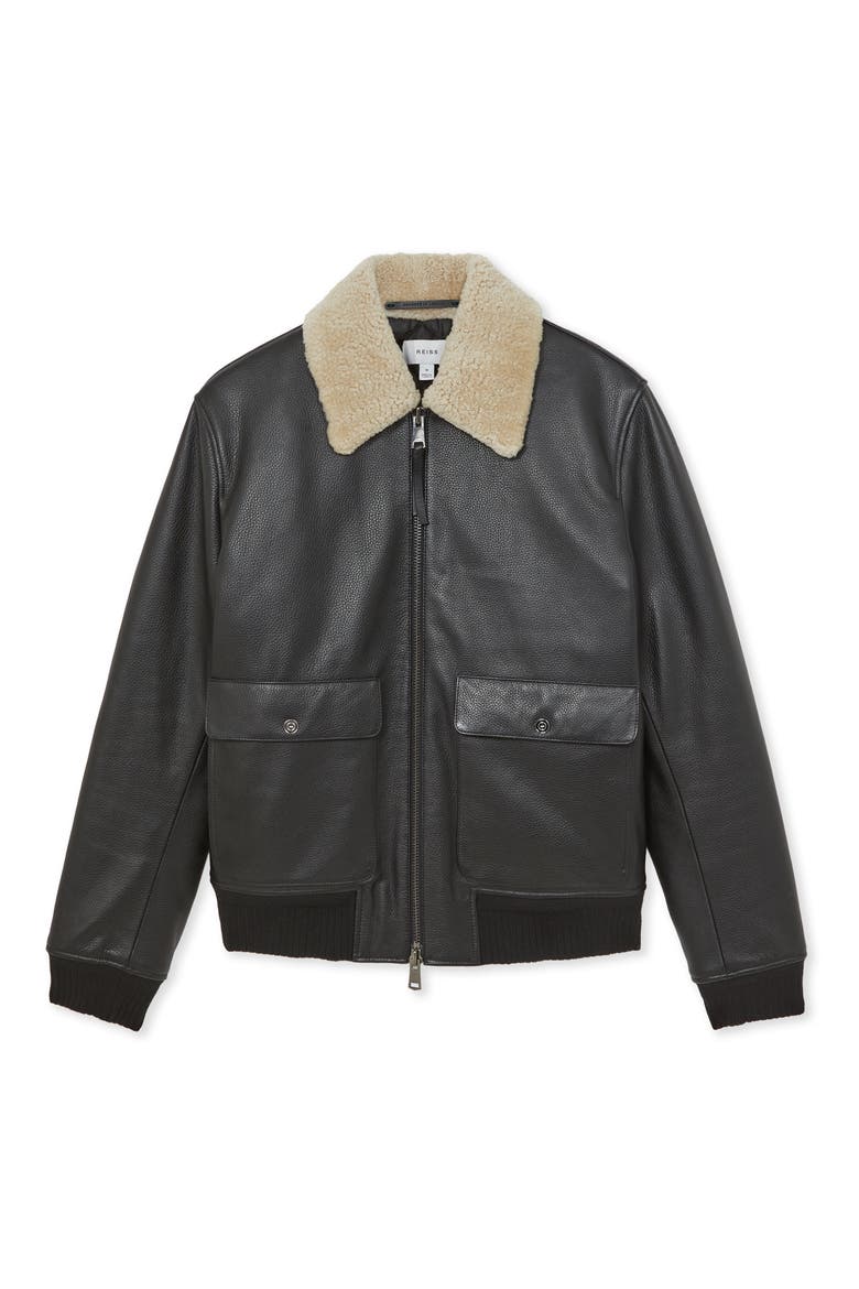 Shaker Shearling Collar Leather Bomber Jacket, Alternate, color, BLACK