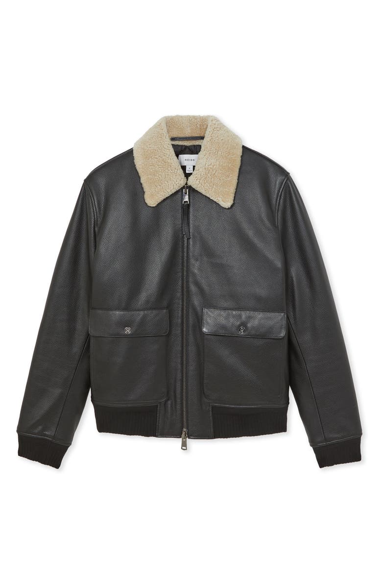 Reiss Shaker Shearling Collar Leather Bomber Jacket, Alternate, color, Black