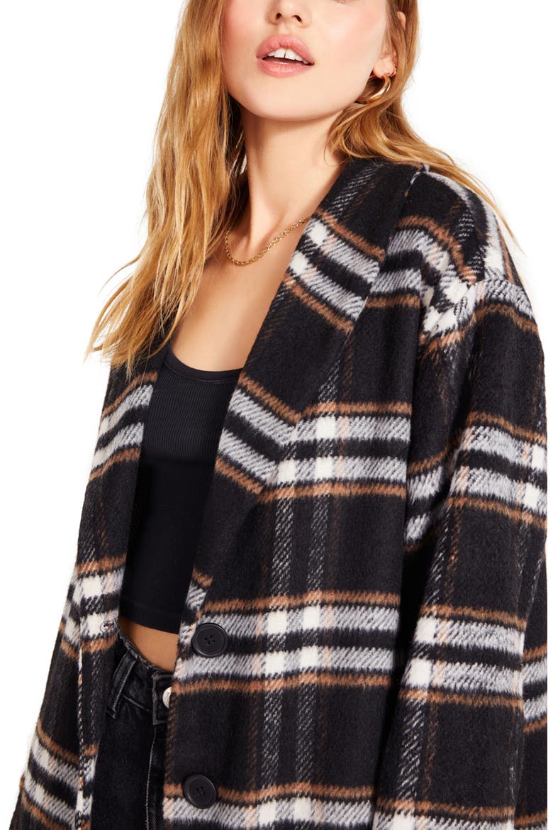 Shawl Good Plaid Longline Coat, Alternate, color, BLACK