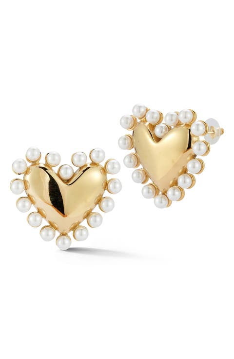 Faux Pearl Heart Stud Earrings