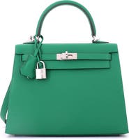Pre-Owned Hermes Kelly Handbag Green Epsom with Palladium Hardware 25