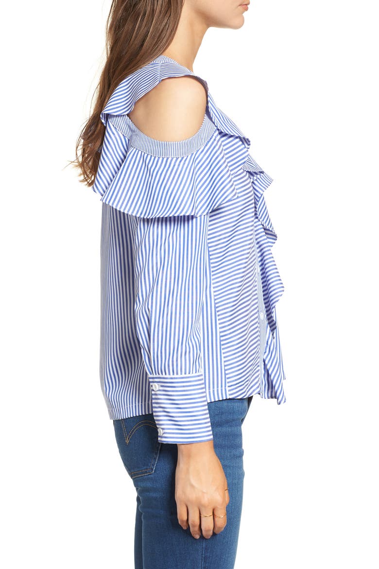 Asymmetrical Open Shoulder Ruffle Top (Nordstrom Exclusive), Alternate, color, BLUE/ WHITE STRIPE