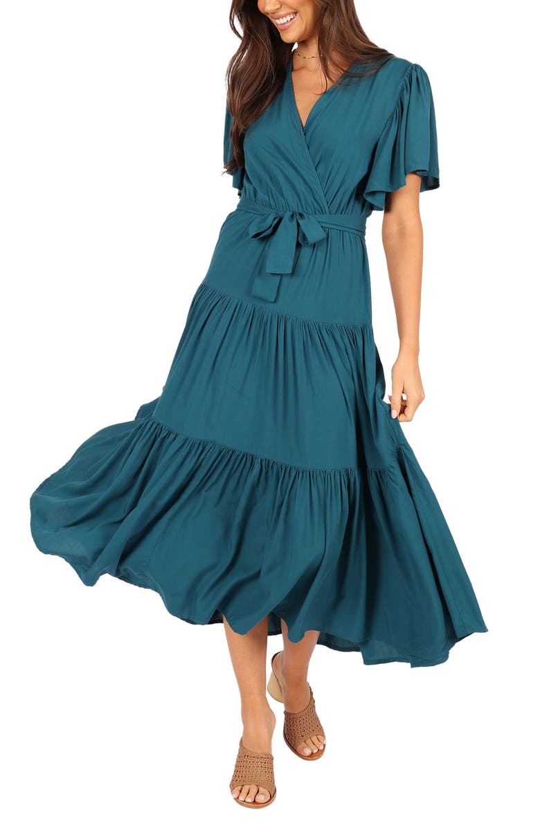 Petal & Pup Barker Flutter Sleeve Tiered Dress, Main, color, Teal