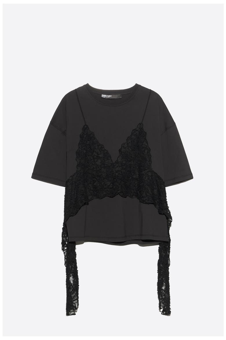 Lace Overlay Boxy T-Shirt, Alternate, color, WASHED BLACK
