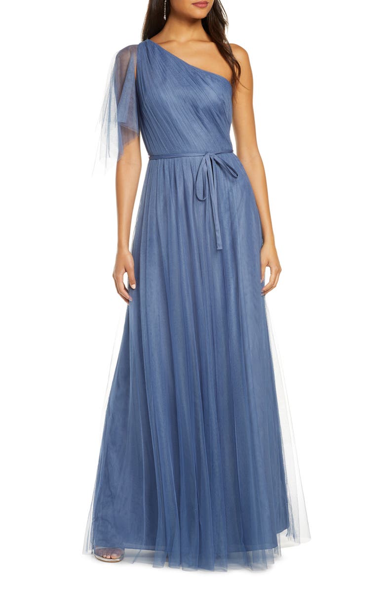 Marchesa Notte One-Shoulder Tulle A-Line Gown, Main, color, 