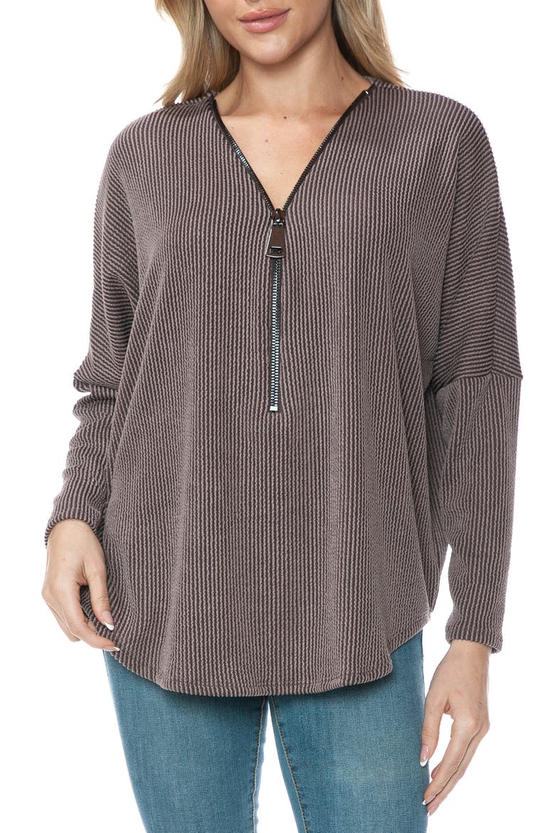 Quarter Zip Drop Shoulder Rib Long Sleeve Top, Main, color, MOCHA