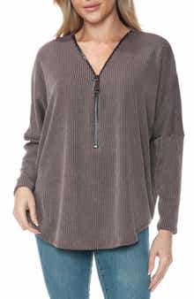 O.L. Quarter Zip Drop Shoulder Rib Long Sleeve Top