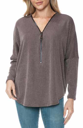 Quarter Zip Drop Shoulder Rib Long Sleeve Top