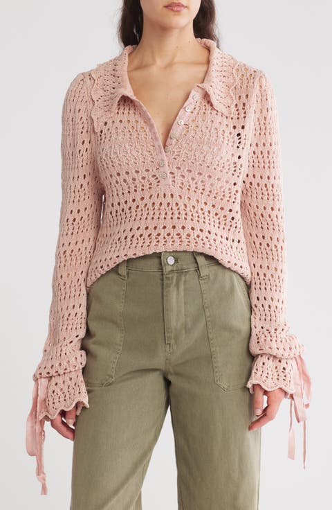 Open Stitch Cotton Polo Sweater