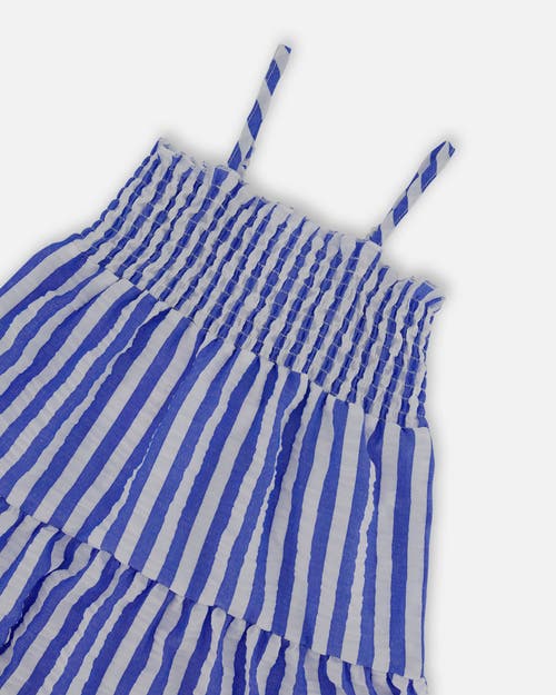 Deux Par Deux Girl's Smocked Seersucker Peasant Dress Blue And White Striped In Blue And White Striped