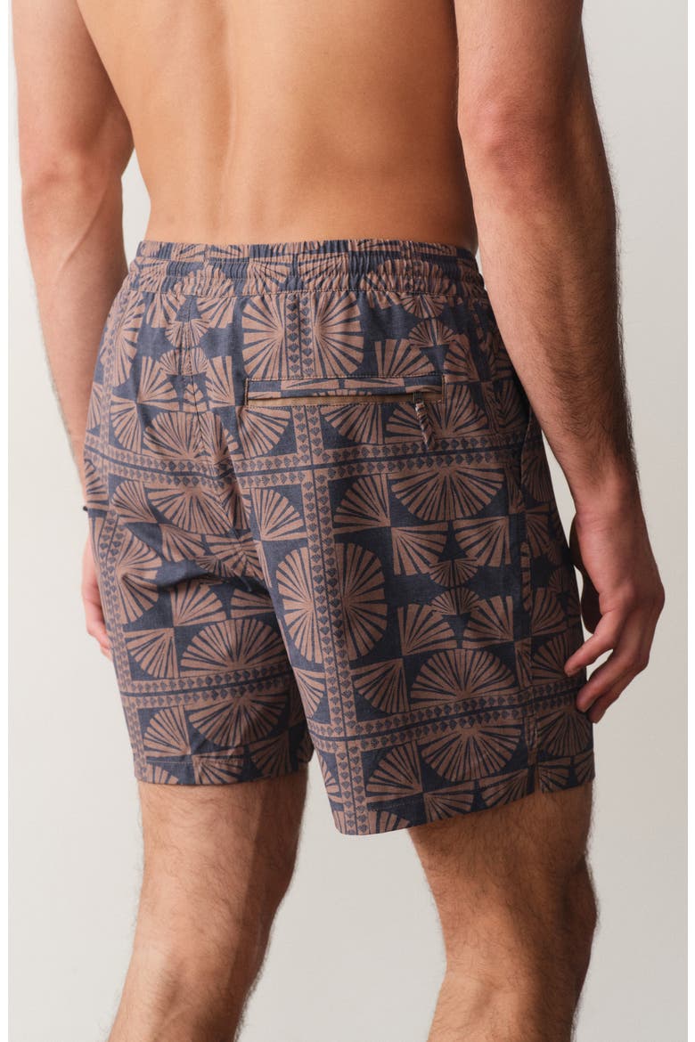 Geo Fan Print Lined Swim Trunks, Alternate, color, BROWN/ NAVY GEO FAN PRINT