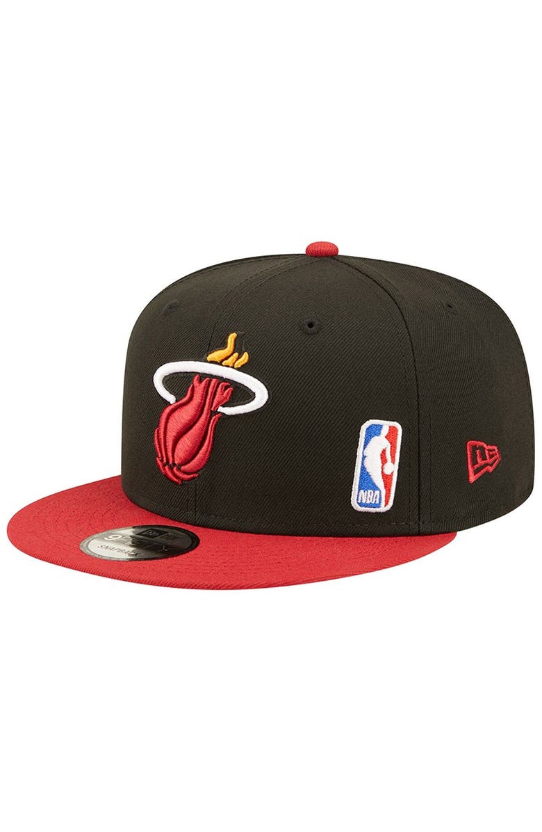 New Era Men's New Era Black/Red Miami Heat Back Letter Arch 9FIFTY Snapback Hat, Main, color,